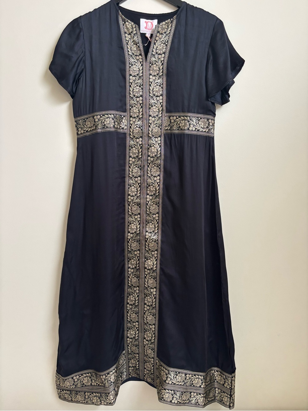 Victoria Dunn Black Midi Dress with Gold Trim